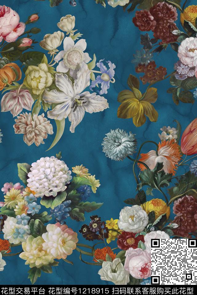 蓝底花-分层.jpg - 1218915 - 数码花型 花卉 1/2接 - 数码印花花型 － 女装花型设计 － 瓦栏