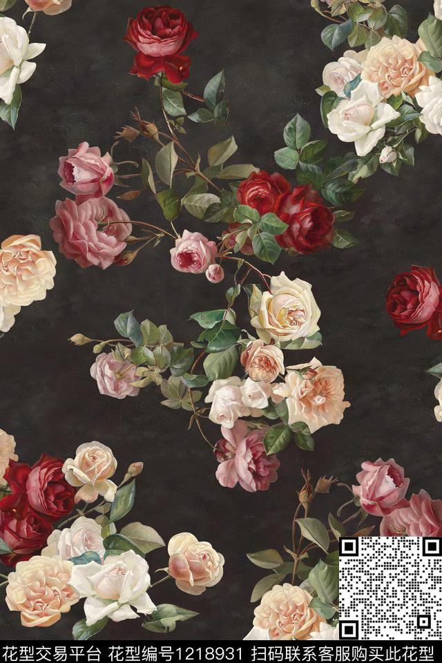 玫瑰花4-分层.jpg - 1218931 - 数码花型 油画花型 1/2接 - 数码印花花型 － 女装花型设计 － 瓦栏