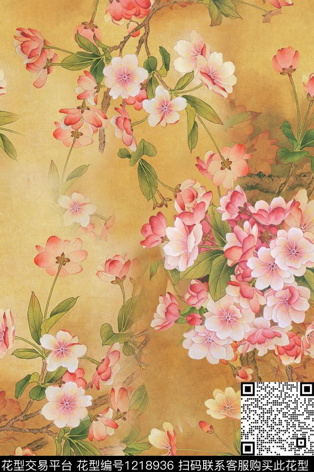 鸟语花香-分层.jpg - 1218936 - 数码花型 花卉 1/2接 - 数码印花花型 － 女装花型设计 － 瓦栏