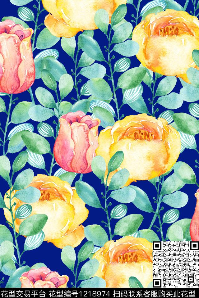 蓝--2019-06-05-A1.jpg - 1218974 - 女装 花卉 泳装 - 数码印花花型 － 女装花型设计 － 瓦栏