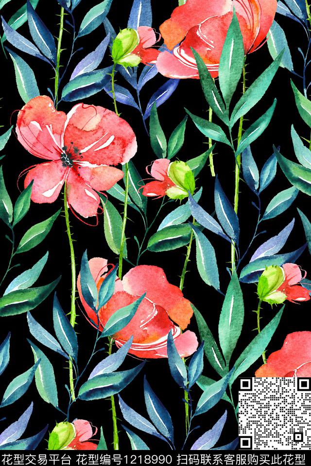 蓝--2019-06-05-A2.jpg - 1218990 - 女装 大花 花卉 - 数码印花花型 － 女装花型设计 － 瓦栏