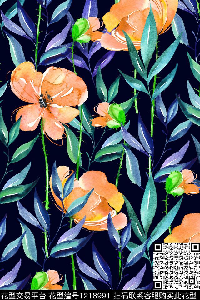 蓝--2019-06-05-C2.jpg - 1218991 - 女装 大花 花卉 - 数码印花花型 － 女装花型设计 － 瓦栏
