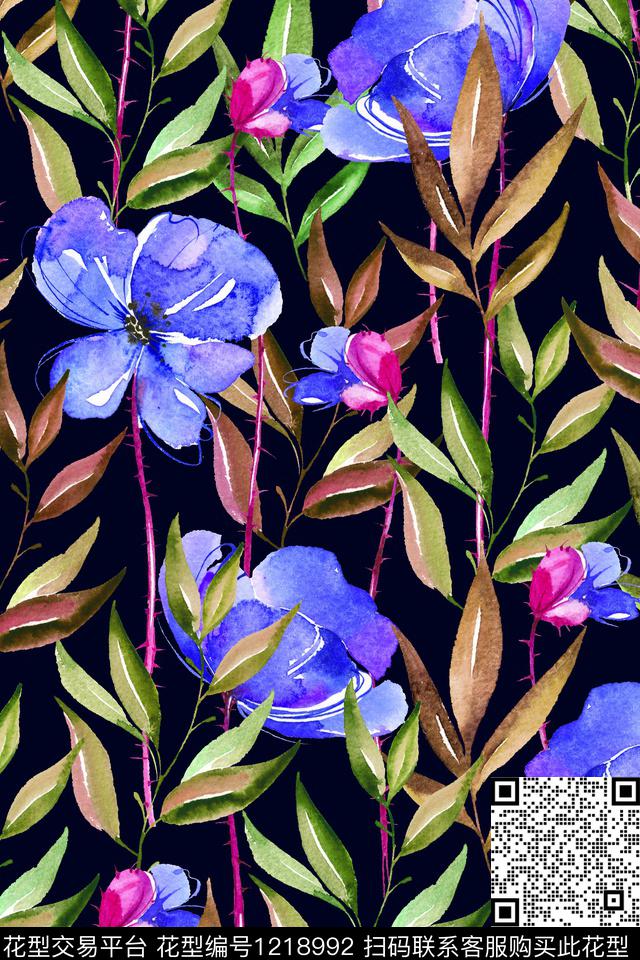 蓝--2019-06-05-B2.jpg - 1218992 - 女装 大花 花卉 - 数码印花花型 － 女装花型设计 － 瓦栏