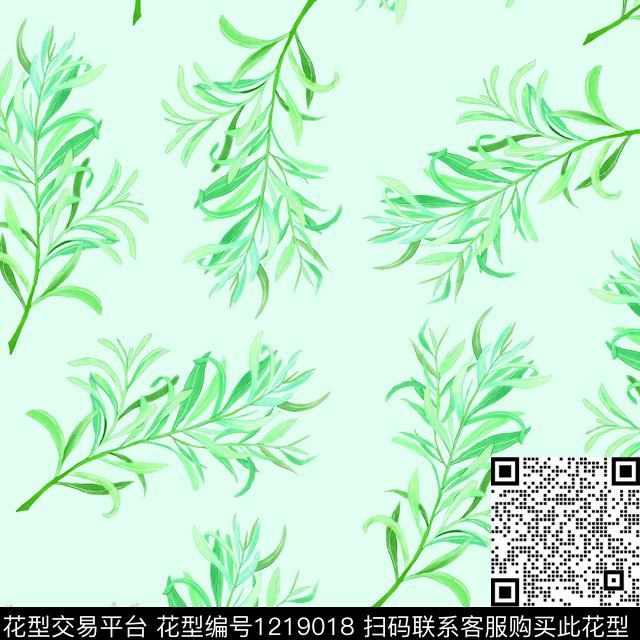190618-1.jpg - 1219018 - 清爽底花卉 绿植树叶 散点排列 - 数码印花花型 － 女装花型设计 － 瓦栏