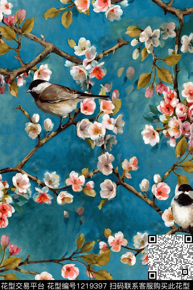 树枝鸟-分层.jpg - 1219397 - 花卉 植物 油画花型 - 数码印花花型 － 女装花型设计 － 瓦栏