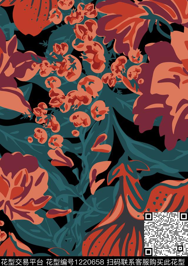 大花花卉大牌风传统印花花型下载（图片编号: 1220658） - 瓦栏（Walan）