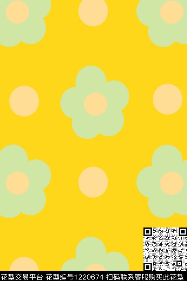 花与圆黄底.jpg - 1220674 - 女装 数码花型 花卉 - 传统印花花型 － 女装花型设计 － 瓦栏
