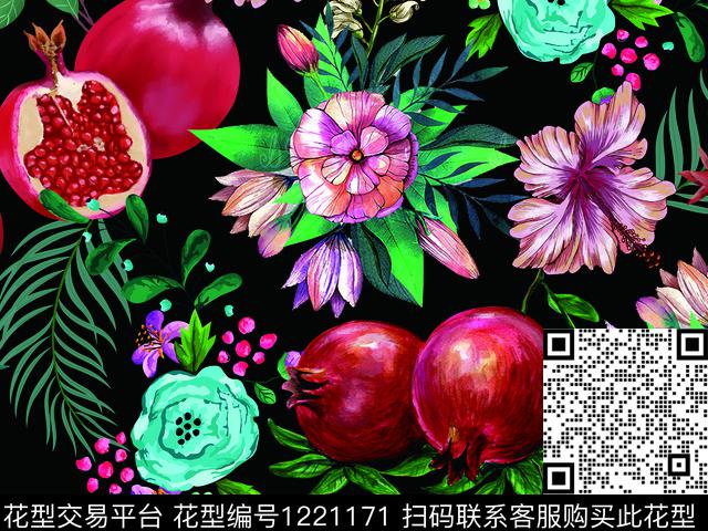 石榴1.jpg - 1221171 - 水果 石榴 花卉 - 数码印花花型 － 女装花型设计 － 瓦栏