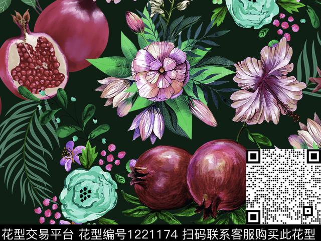 石榴3.tif - 1221174 - 水果 石榴 花卉 - 数码印花花型 － 女装花型设计 － 瓦栏