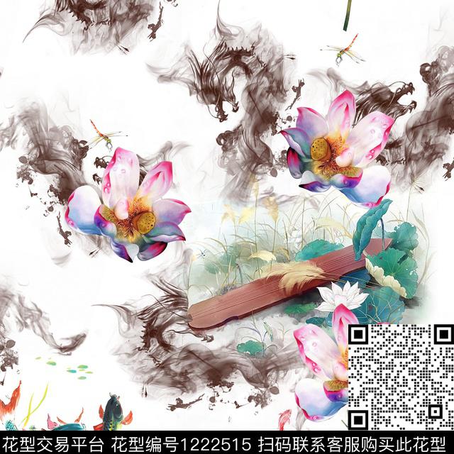 191水墨底纹古风荷花.jpg - 1222515 - 民族风 花卉 艺术 - 数码印花花型 － 女装花型设计 － 瓦栏