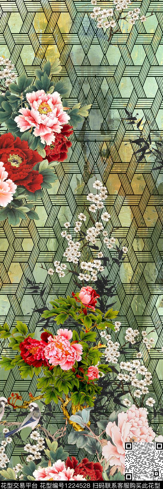 183.jpg - 1224528 - 花卉 中国风定位花 定位花 - 数码印花花型 － 女装花型设计 － 瓦栏