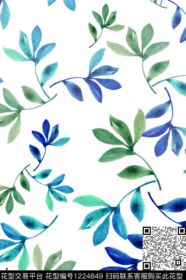 青蓝雅韵系列手绘线条笔触水彩手绘数码印花花型下载（图片编号: 1224849） - 瓦栏（Walan）