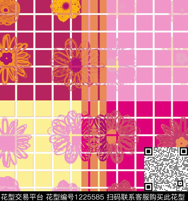 21376812.jpg - 1225585 - 花卉 格子 混合拼接 - 数码印花花型 － 女装花型设计 － 瓦栏