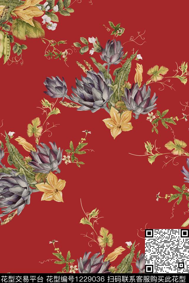 红底花-分层.jpg - 1229036 - 花卉 植物 1/2接 - 数码印花花型 － 女装花型设计 － 瓦栏