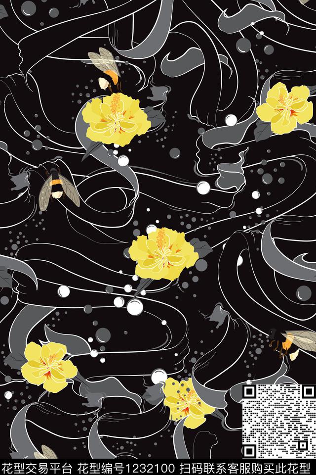 2019-7-9.jpg - 1232100 - 花卉 线条 黑丝带 - 数码印花花型 － 女装花型设计 － 瓦栏