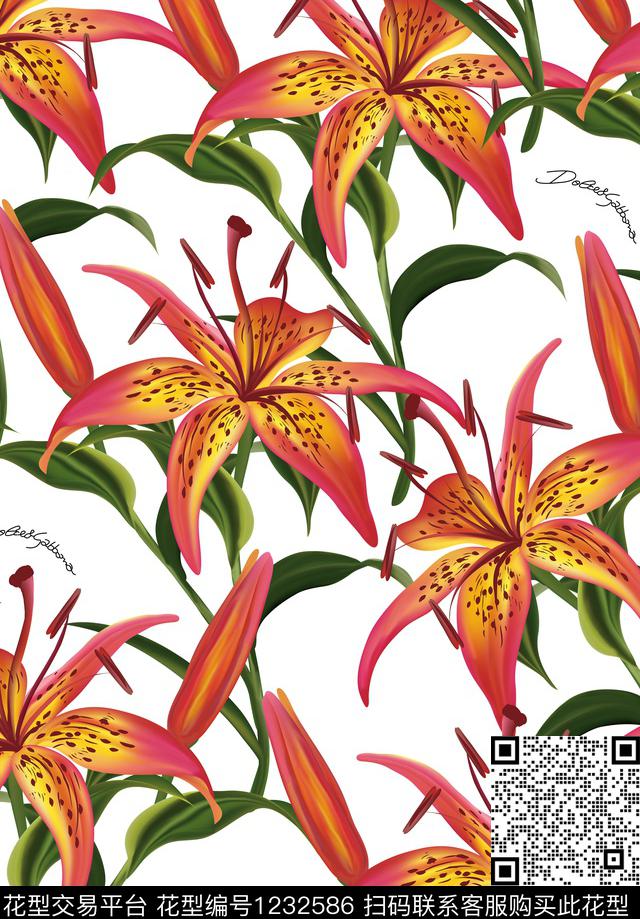百合大牌风小碎花数码印花花型下载（图片编号: 1232586） - 瓦栏（Walan）
