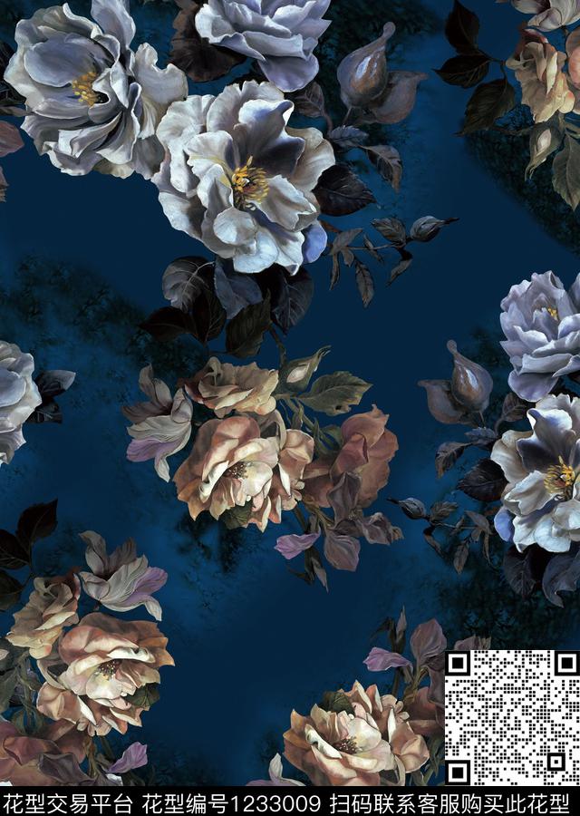 蓝底.jpg - 1233009 - 花卉 旗袍 民族花卉 - 数码印花花型 － 女装花型设计 － 瓦栏