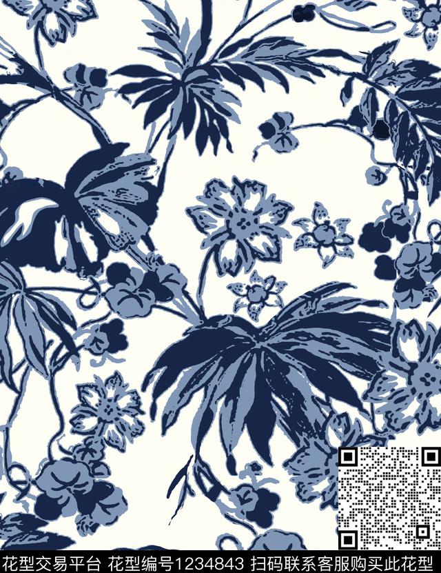 蓝色大牌风风格化花卉传统印花花型下载（图片编号: 1234843） - 瓦栏（Walan）