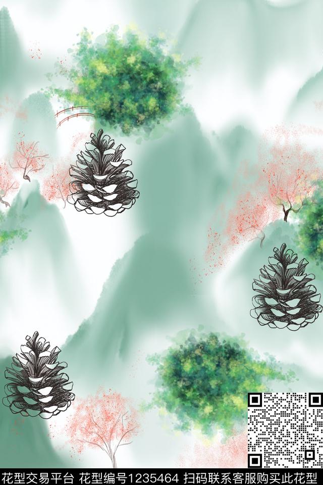 水彩风景景观国画数码印花花型下载（图片编号: 1235464） - 瓦栏（Walan）