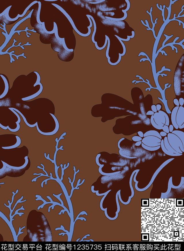 咖色底色蓝花.jpg - 1235735 - 大牌风 提花花型 花卉 - 传统印花花型 － 女装花型设计 － 瓦栏