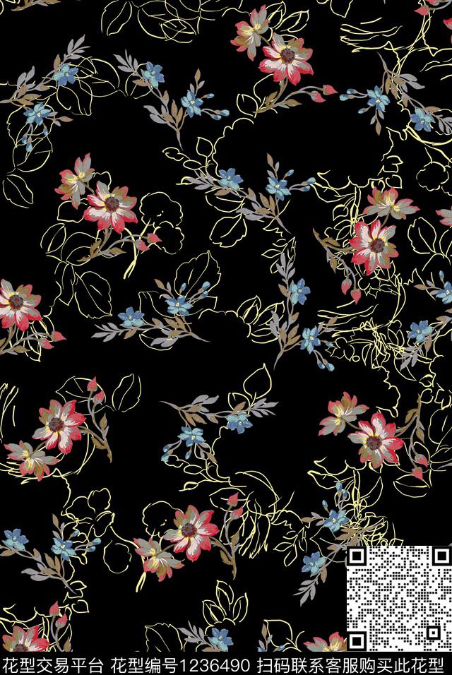 花卉小碎花条纹数码印花花型下载（图片编号: 1236490） - 瓦栏（Walan）