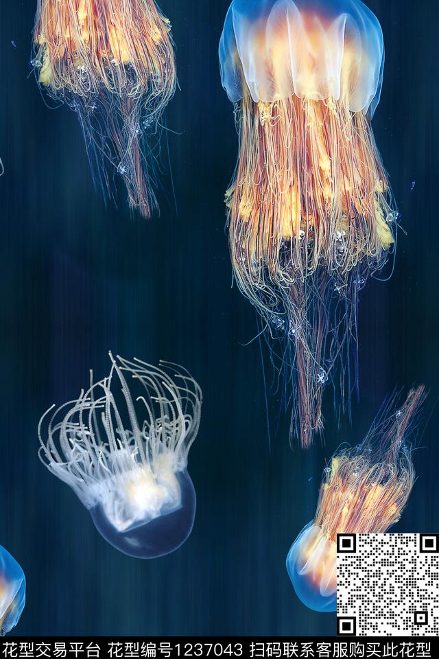 水母深蓝,40x60cm，四方.jpg - 1237043 - 海洋 水母 肌理 - 数码印花花型 － 女装花型设计 － 瓦栏