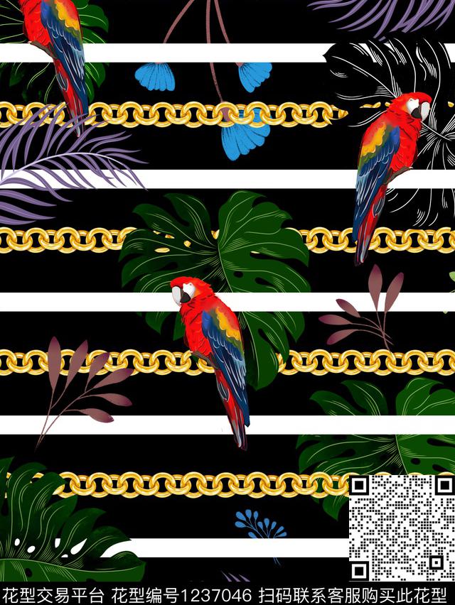 热带鹦鹉.jpg - 1237046 - 抽象花卉 棕榈树 数码花型 - 数码印花花型 － 男装花型设计 － 瓦栏