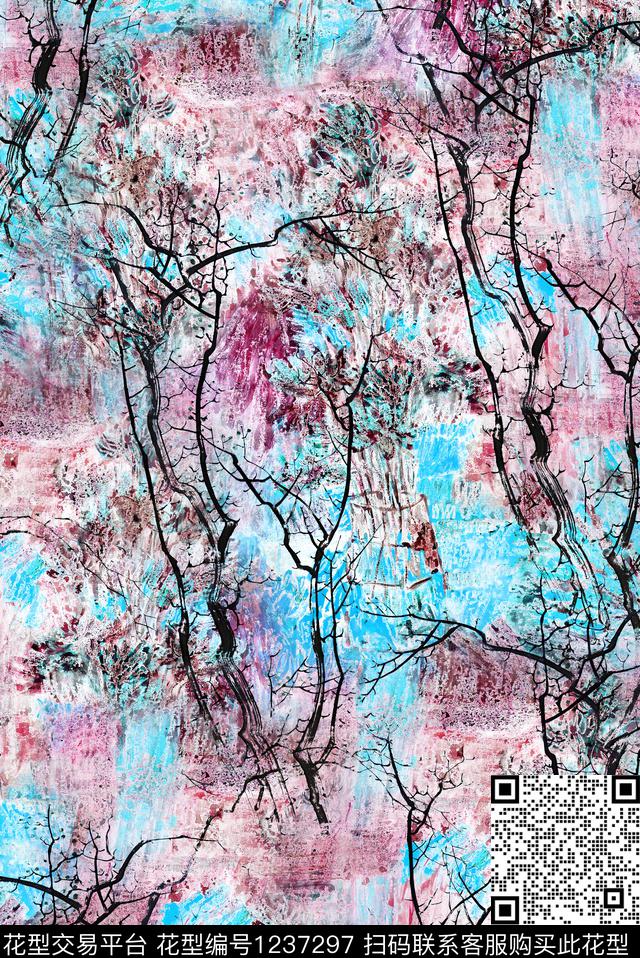 树枝肌理油画花型数码印花花型下载（图片编号: 1237297） - 瓦栏（Walan）