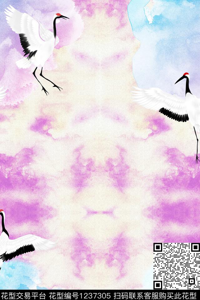 仙鹤水彩抽象数码印花花型下载（图片编号: 1237305） - 瓦栏（Walan）