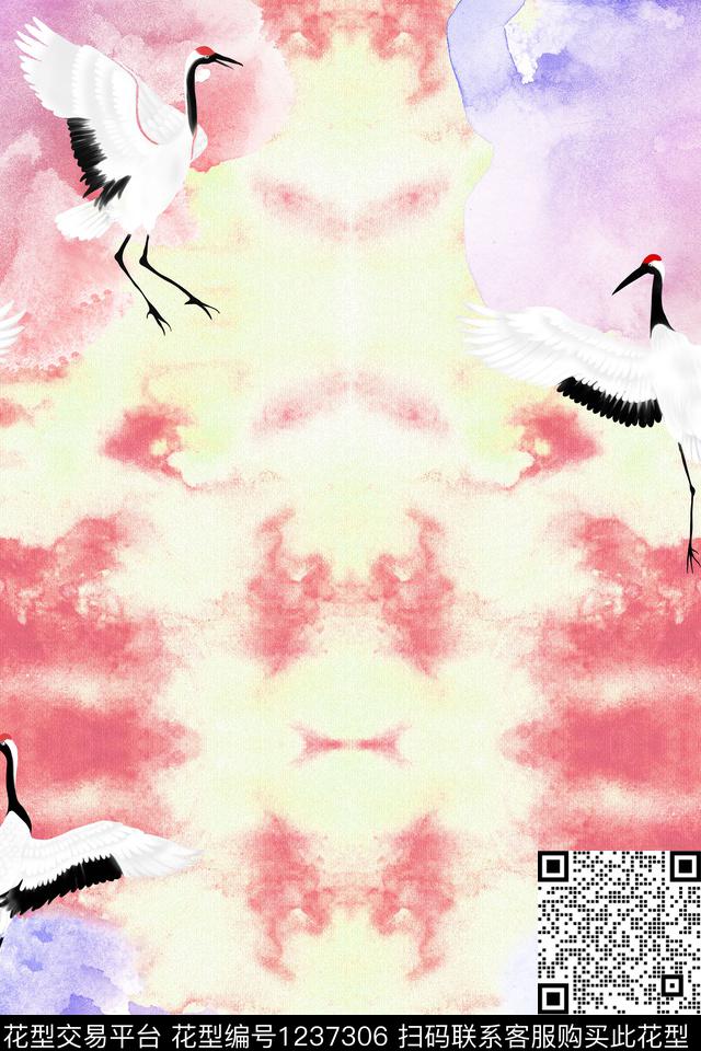 仙鹤水彩抽象数码印花花型下载（图片编号: 1237306） - 瓦栏（Walan）