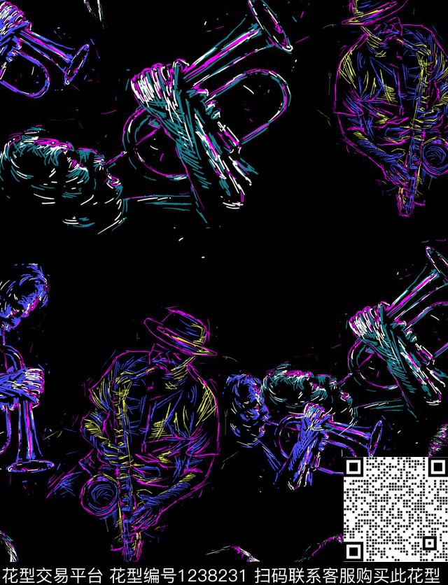 线条画音乐简约数码印花花型下载（图片编号: 1238231） - 瓦栏（Walan）