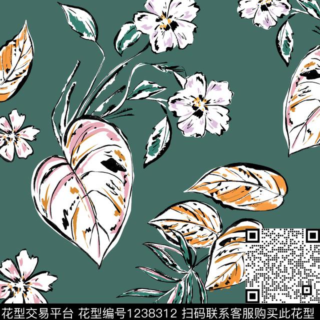 727.jpg - 1238312 - 绿植树叶 水彩花卉 趣味 - 数码印花花型 － 女装花型设计 － 瓦栏