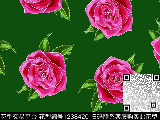 190742-2.jpg - 1238420 - 玫瑰花 清爽底花卉 散点排列 - 数码印花花型 － 女装花型设计 － 瓦栏