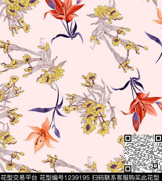 百合小碎花数码印花花型下载（图片编号: 1239195） - 瓦栏（Walan）