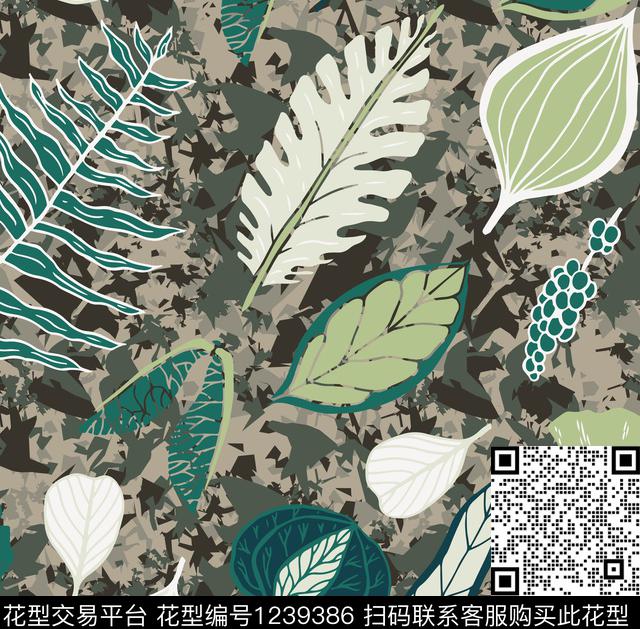 抽象叶子.jpg - 1239386 - 抽象男装 迷彩 绿植树叶 - 数码印花花型 － 男装花型设计 － 瓦栏
