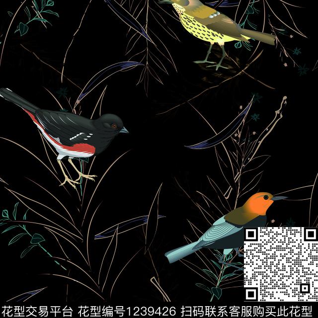 抽象鸟.jpg - 1239426 - 植物 鸟/昆虫 抽象 - 数码印花花型 － 男装花型设计 － 瓦栏