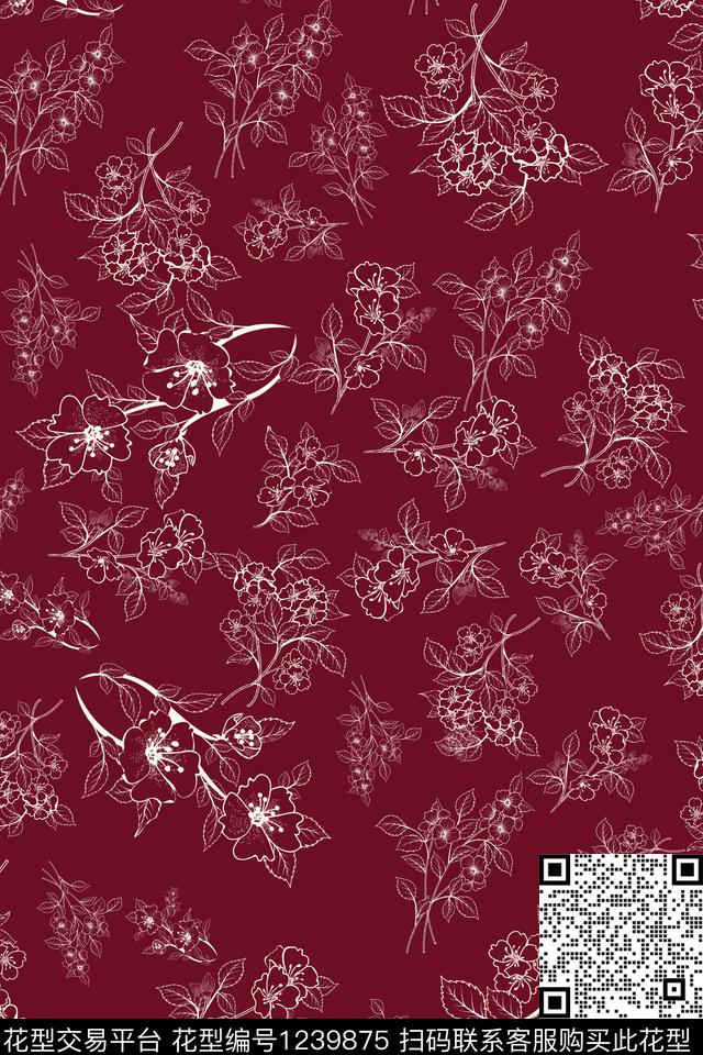 暗红底白花，40x60cm,四方.jpg - 1239875 - 女装 花卉 沙发布 - 传统印花花型 － 女装花型设计 － 瓦栏