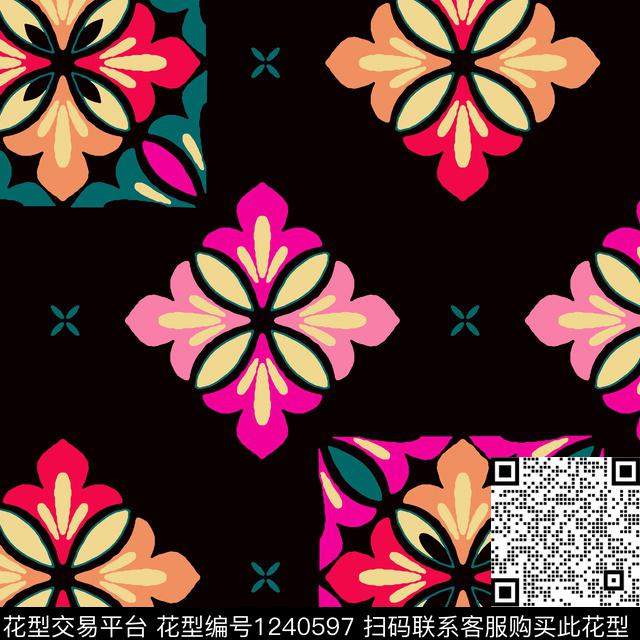WL-20190801-3.jpg - 1240597 - 黑底花卉 绿植树叶 复古 - 数码印花花型 － 女装花型设计 － 瓦栏