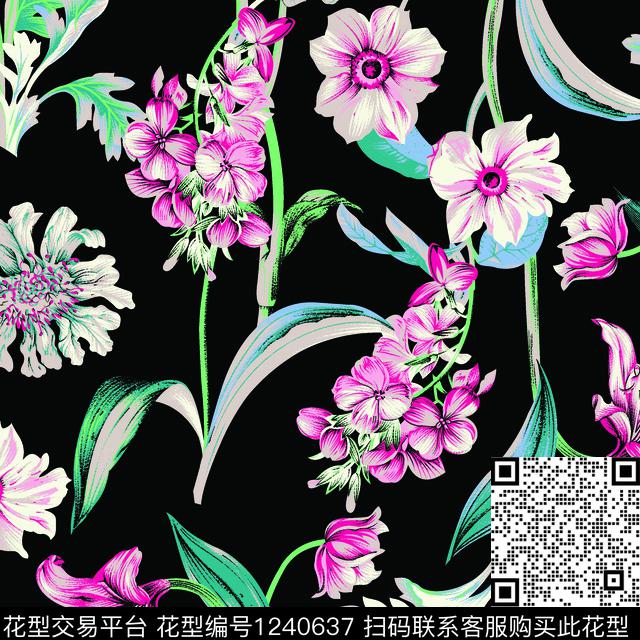 166.jpg - 1240637 - 花卉 大牌风 黑色底 - 传统印花花型 － 女装花型设计 － 瓦栏
