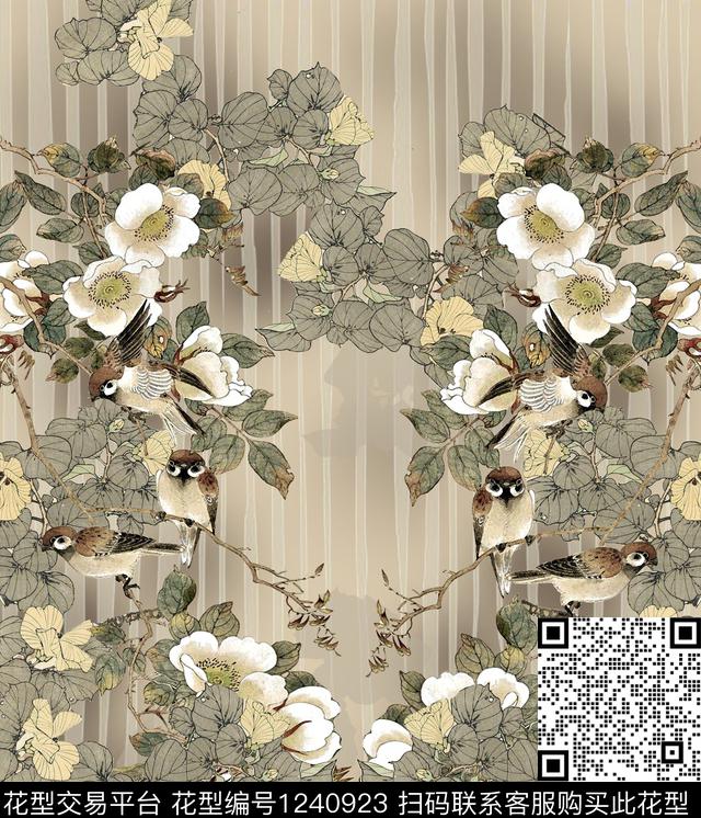 水墨风花卉香云纱数码印花花型下载（图片编号: 1240923） - 瓦栏（Walan）