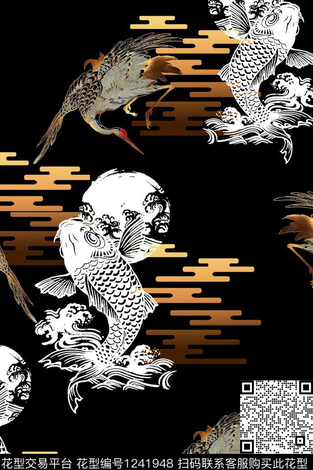 鱼仙鹤数码印花花型下载（图片编号: 1241948） - 瓦栏（Walan）