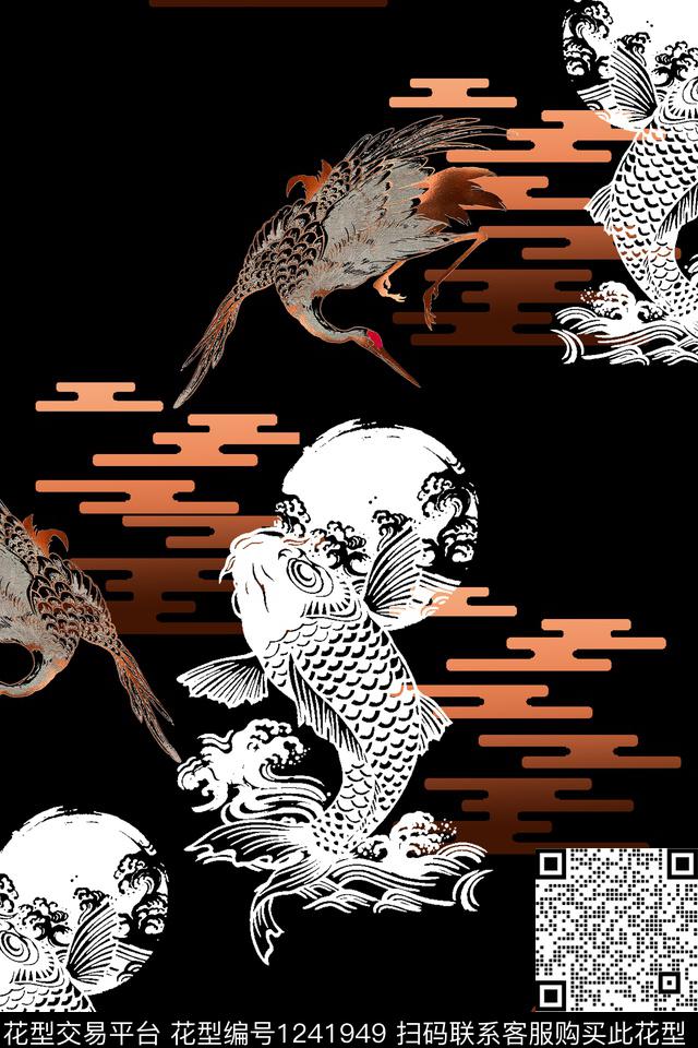 鱼仙鹤数码印花花型下载（图片编号: 1241949） - 瓦栏（Walan）