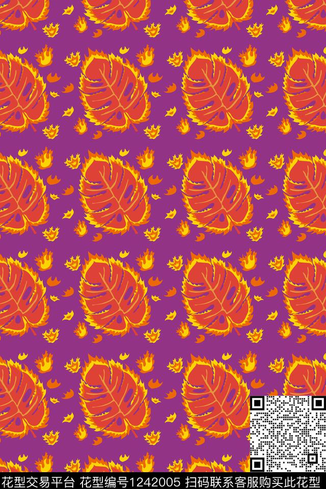 3angry芭蕉紫-01.jpg - 1242005 - 几何 潮牌 手绘大花 - 传统印花花型 － 女装花型设计 － 瓦栏