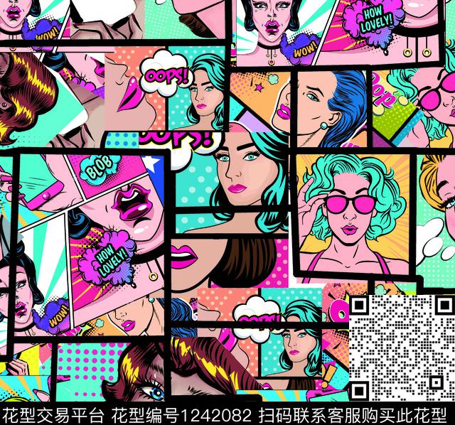 漫画.jpg - 1242082 - 数码花型 混合拼接 卡通人物 - 数码印花花型 － 女装花型设计 － 瓦栏