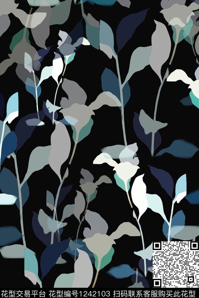 绿植树叶休闲青蓝雅韵系列传统印花花型下载（图片编号: 1242103） - 瓦栏（Walan）