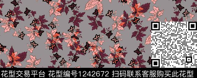 灰色叶子.jpg - 1242672 - 雪纺 花卉 水彩 - 传统印花花型 － 女装花型设计 － 瓦栏