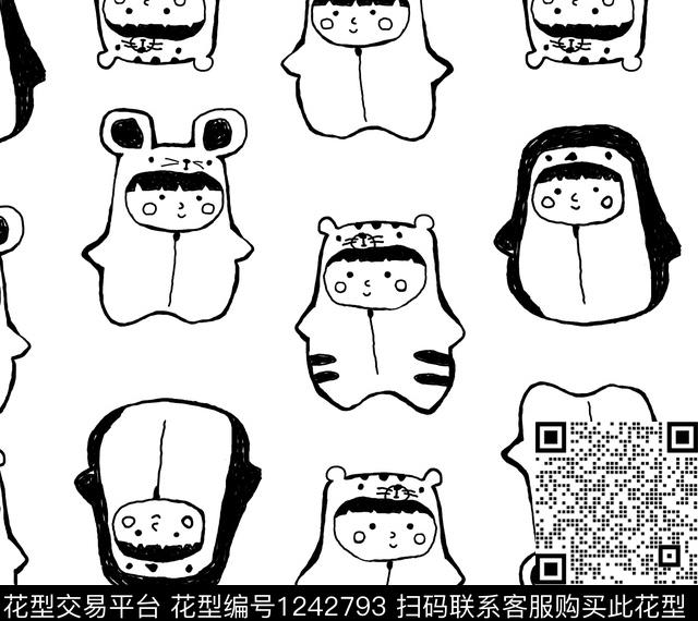黑白线稿可爱动物萌传统印花花型下载（图片编号: 1242793） - 瓦栏（Walan）