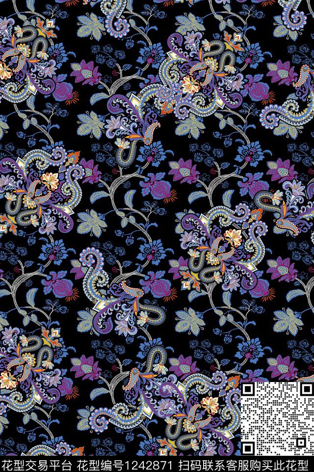 紫蓝色花纹.jpg - 1242871 - 大牌风 抽象 佩斯利 - 数码印花花型 － 女装花型设计 － 瓦栏