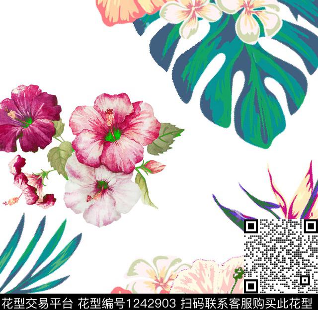 热带花卉.jpg - 1242903 - 春夏花型 沙滩 扶桑花 - 传统印花花型 － 女装花型设计 － 瓦栏