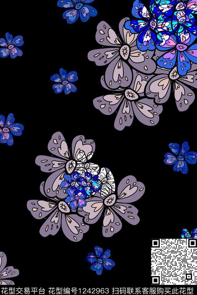 花卉 蓝紫色小花 四方连续 服装 家纺.jpg - 1242963 - 花卉 小碎花 满版散花 - 数码印花花型 － 女装花型设计 － 瓦栏